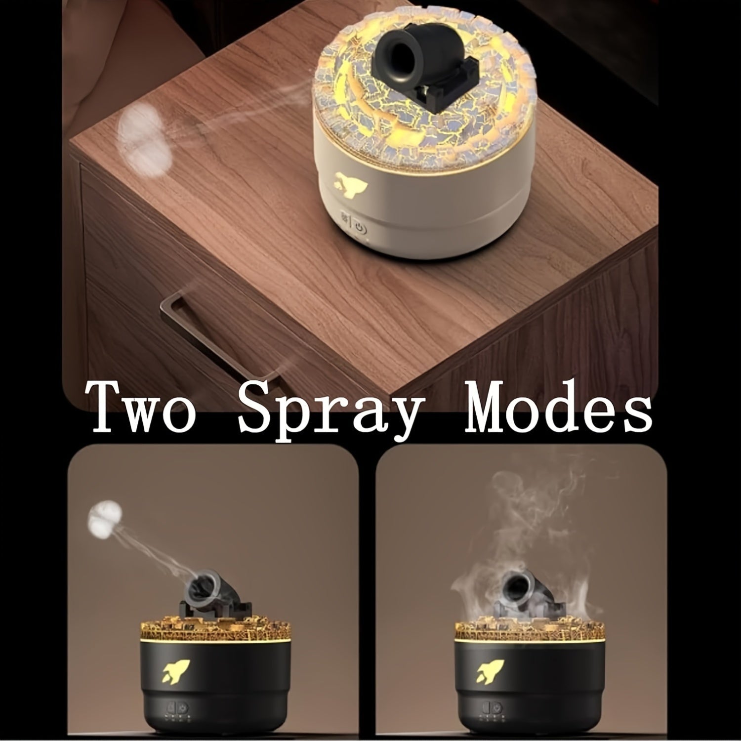 HighPeak HydroCannon humidifier with illuminated base displaying dual spray modes and cannonball mist launcher on wooden surface