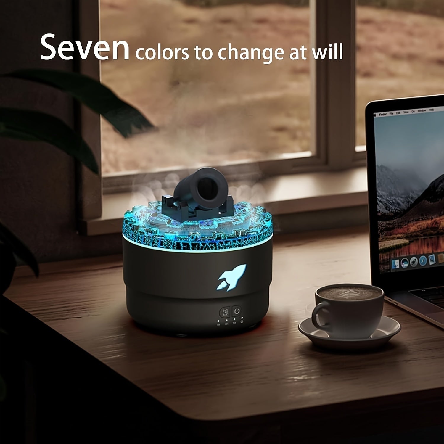 HighPeak HydroCannon mist humidifier with blue LED base and cannon-style nozzle on wooden desk near laptop and coffee