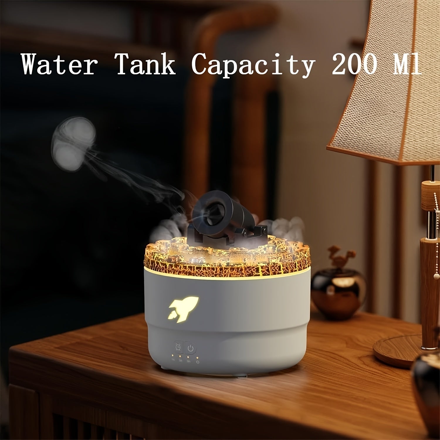 HighPeak HydroCannon mist humidifier with glowing gold rim shooting vapor cloud on wooden table in cozy room setting