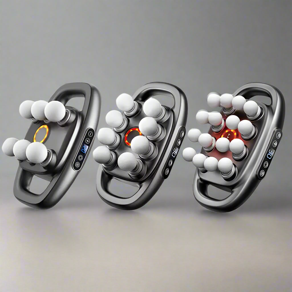 HighPeak DeepRelief™ multi-head body massager with 6, 8, and 12 heads in black for deep tissue muscle relief.