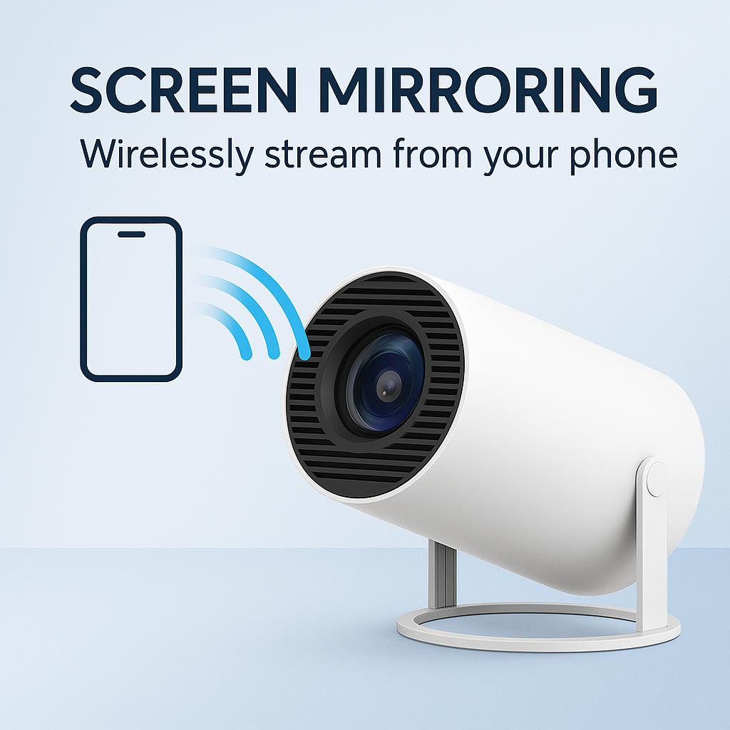 HighPeak INFINITY MiniProjector 2025 in white with wireless screen mirroring feature shown connecting to smartphone