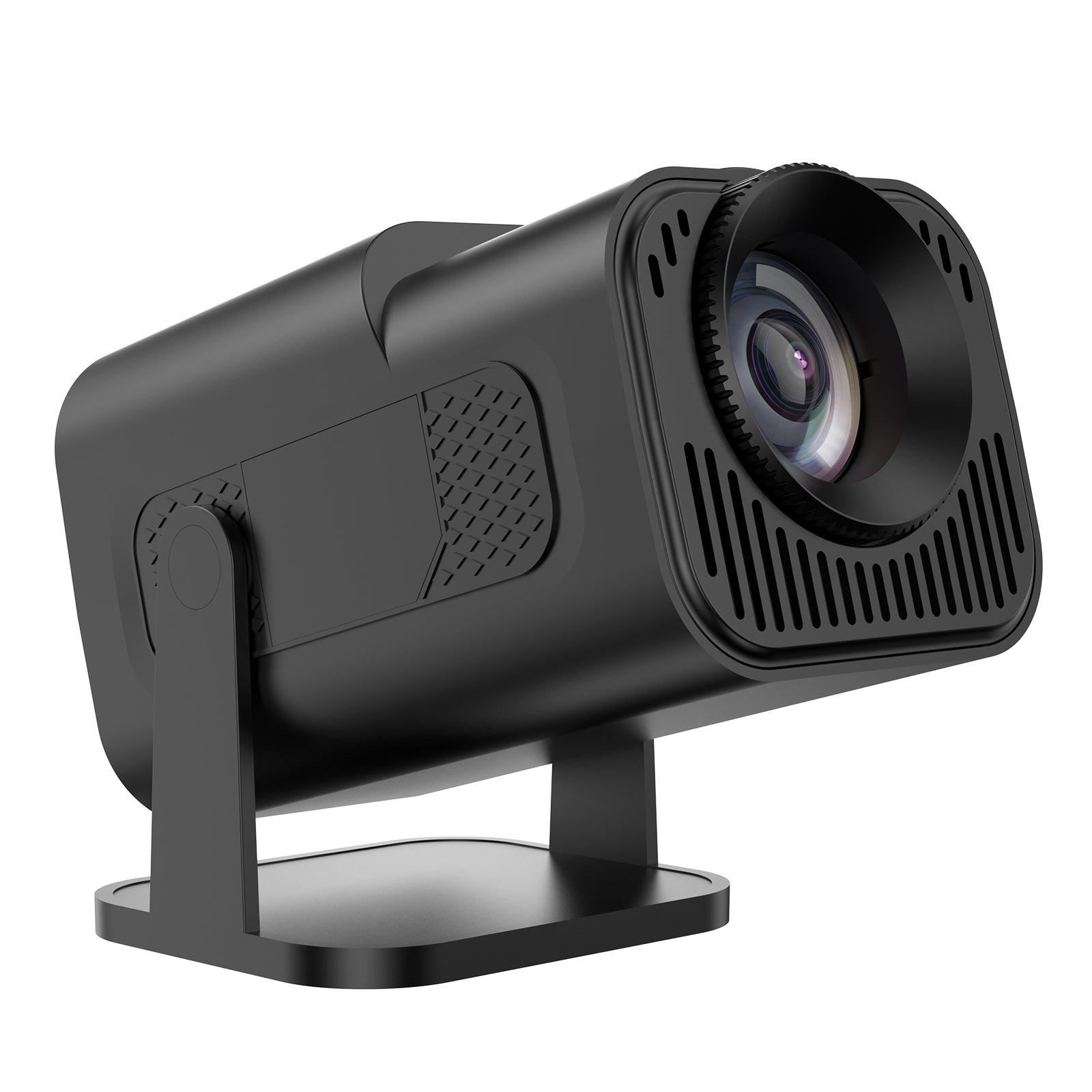 HighPeak INFINITY MiniProjector in matte black with wide-angle lens and cooling vents on adjustable stand