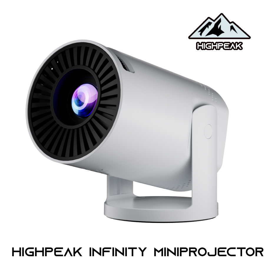 HighPeak INFINITY MiniProjector in sleek white design with purple-lit lens and black cooling vents on adjustable stand