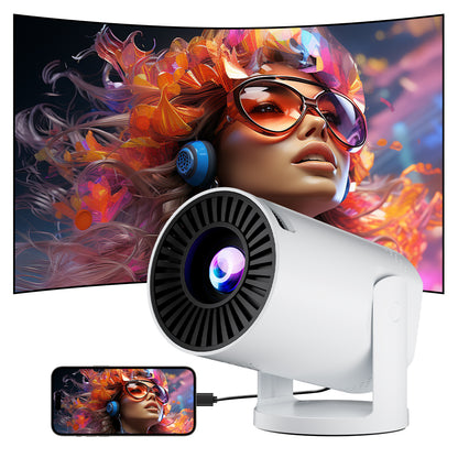HighPeak INFINITY MiniProjector in white displaying vibrant multimedia content with smartphone connectivity on curved display screen