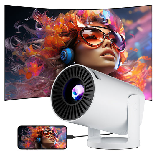 HighPeak INFINITY MiniProjector in white displaying vibrant multimedia content with smartphone connectivity on curved display screen