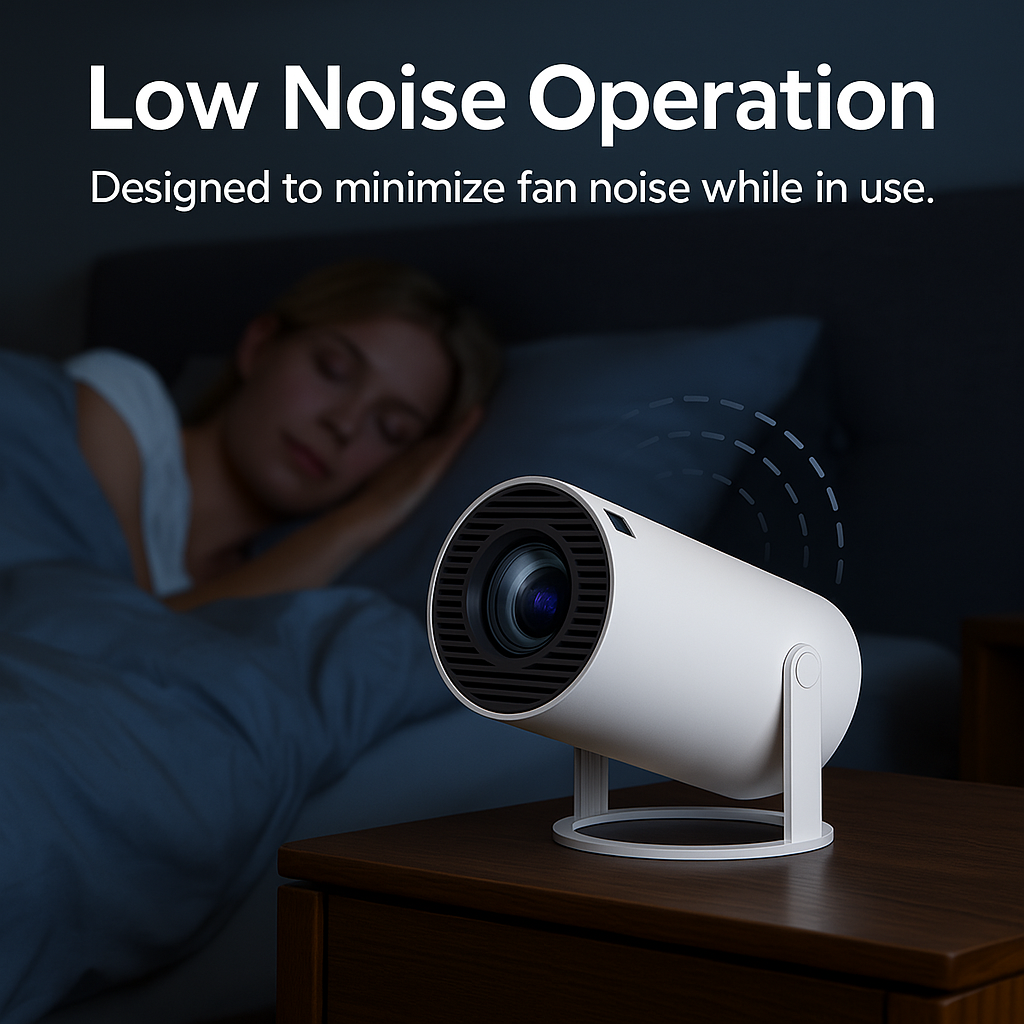 HighPeak INFINITY MiniProjector in white showcasing low-noise operation feature with quiet fan design - bedroom setting