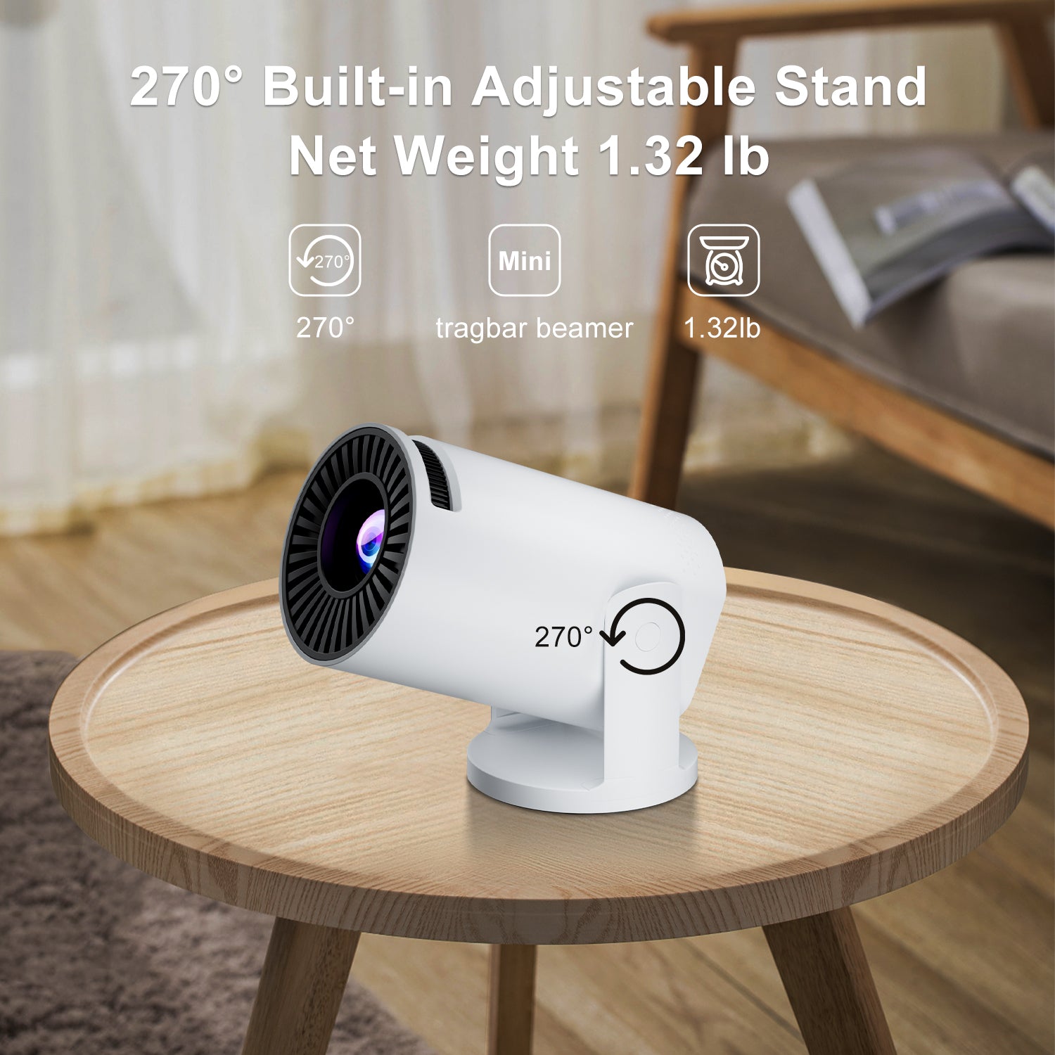 HighPeak INFINITY MiniProjector in white with 270-degree adjustable stand displayed on wooden table - compact portable design