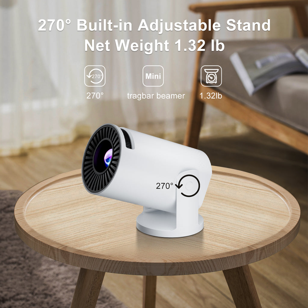 HighPeak INFINITY MiniProjector 2025 in white on a wooden table with 270° adjustable stand and compact design