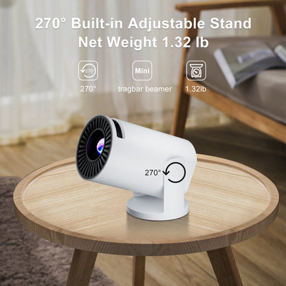 HighPeak INFINITY MiniProjector in white with 270-degree adjustable stand displayed on wooden table - compact portable design
