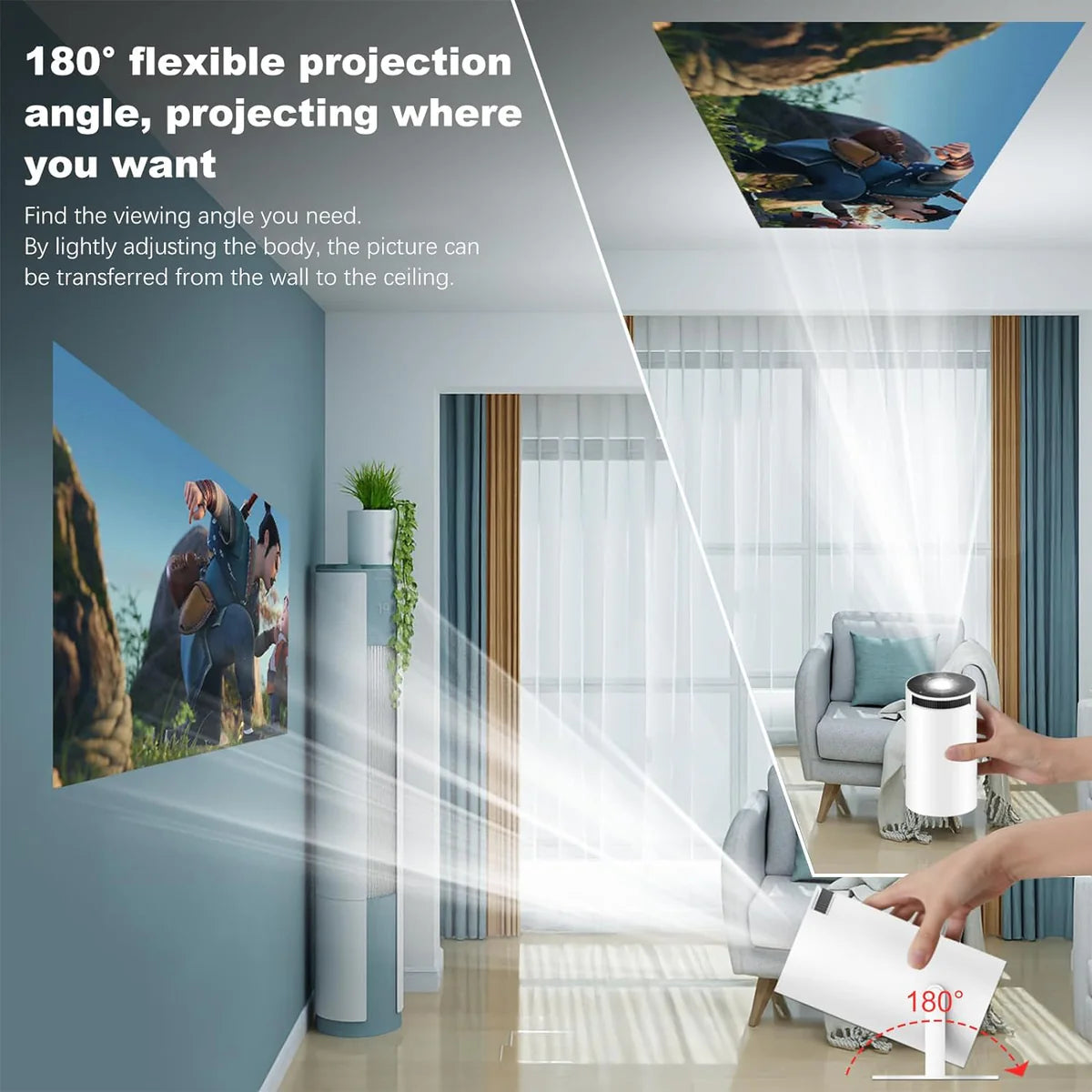 HighPeak INFINITY MiniProjector showing 180-degree flexible projection angles on wall and ceiling in modern living room setting