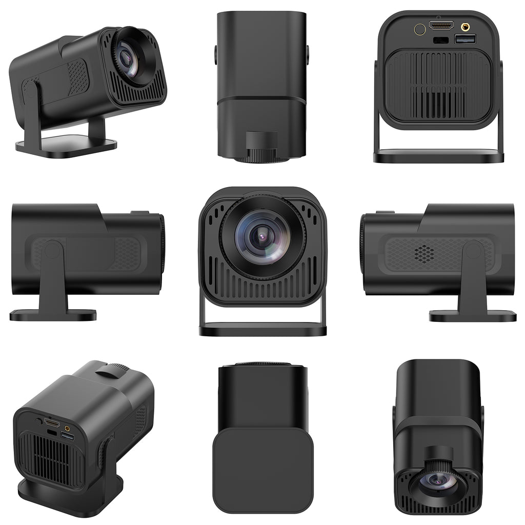 HighPeak INFINITY MiniProjector 2025 shown from multiple angles in matte black, compact design with lens and ports visible.