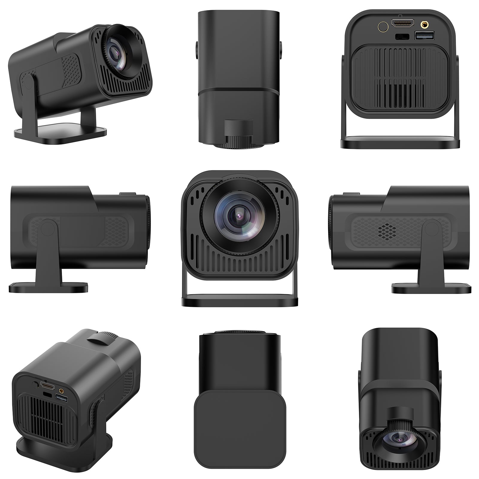 HighPeak INFINITY MiniProjector 2025 shown from multiple angles in matte black, compact design with lens and ports visible.