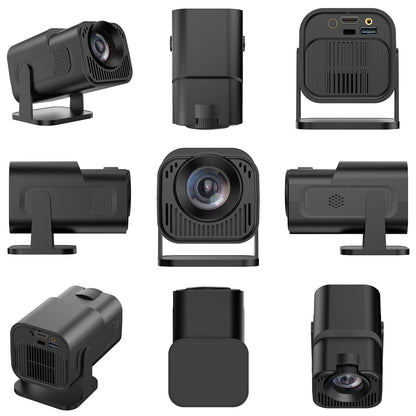 HighPeak INFINITY MiniProjector shown from multiple angles - compact black portable design with built-in lens and ventilation system