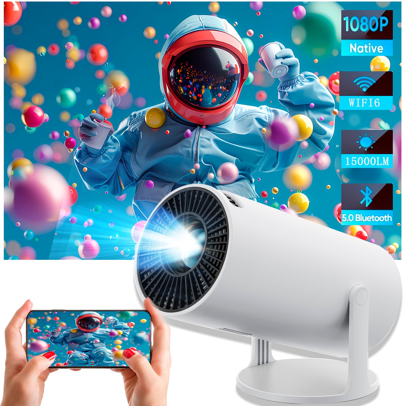 HighPeak INFINITY MiniProjector shown in white with WiFi screen mirroring feature displaying colorful astronaut image at 1080p resolution