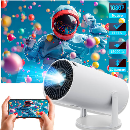 HighPeak INFINITY MiniProjector shown in white with WiFi screen mirroring feature displaying colorful astronaut image at 1080p resolution