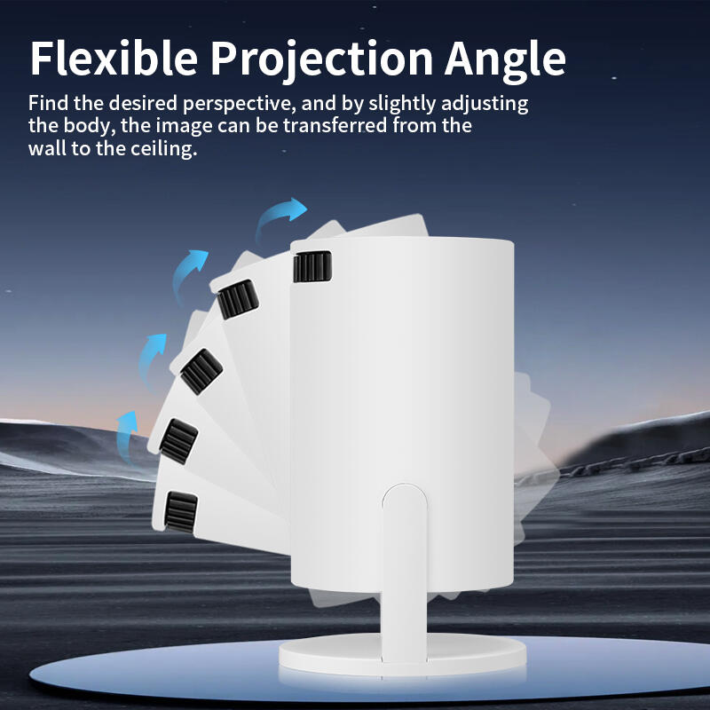 HighPeak INFINITY MiniProjector with flexible adjustable projection angles shown in white against desert landscape backdrop