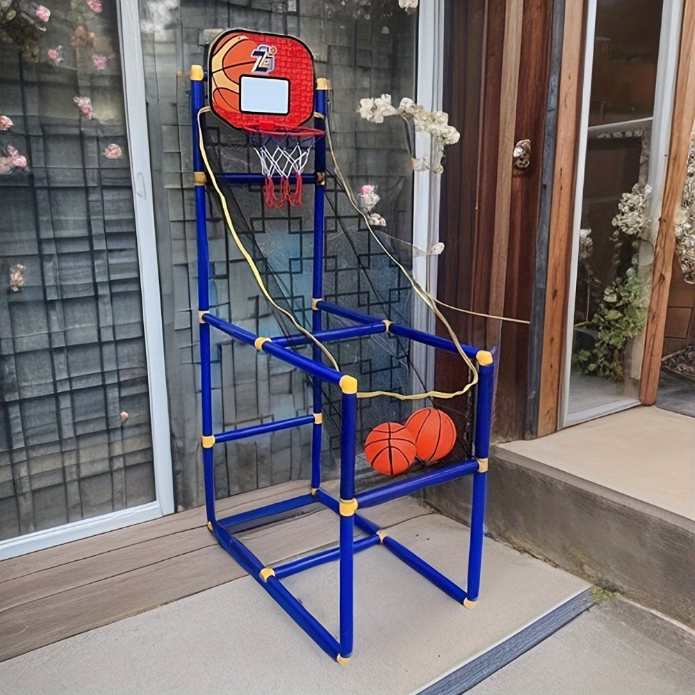 HighPeak Indoor/Outdoor Basketball Hoop Set with blue frame and orange backboard displayed on wooden deck - adjustable arcade-style setup