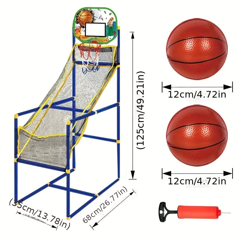 HighPeak Indoor/Outdoor Basketball Hoop Set with blue metal frame, green backboard, and orange basketballs with air pump
