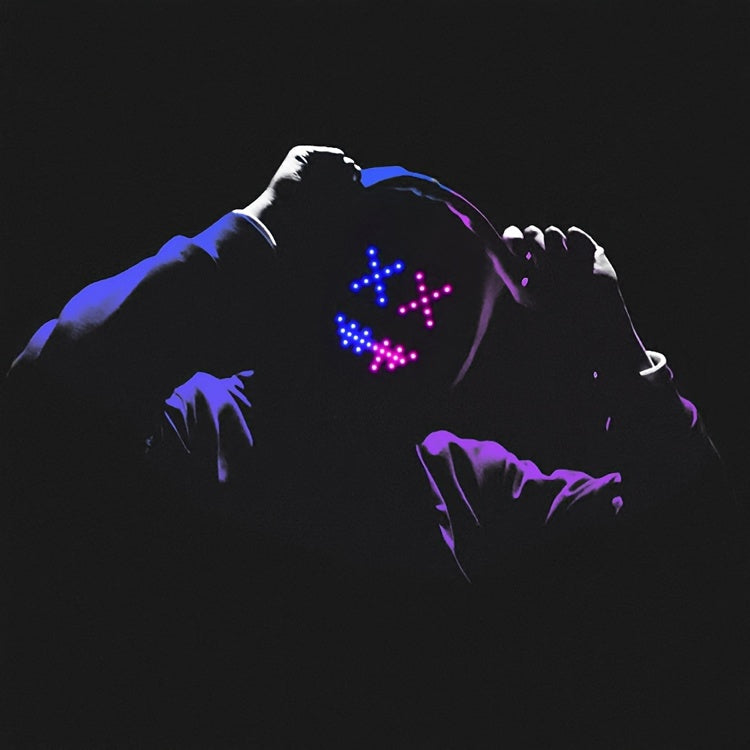 HighPeak Infinity LED Face Mask displaying glowing blue and purple emoji pattern in dark, futuristic cyberpunk aesthetic