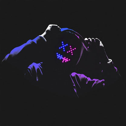 HighPeak Infinity LED Face Mask displaying glowing blue and purple emoji pattern in dark, futuristic cyberpunk aesthetic