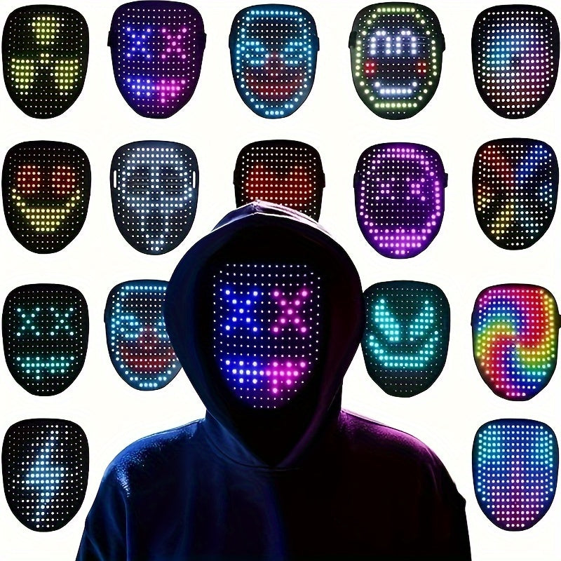 HighPeak Infinity LED Face Mask showcasing multiple colorful animated displays with emoji patterns and digital designs