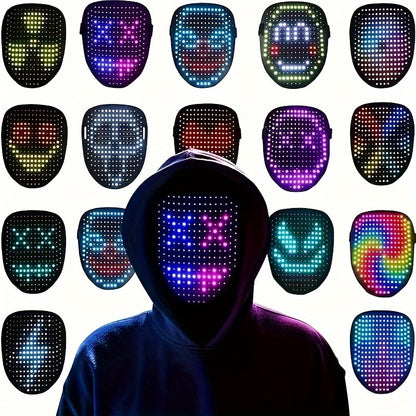 HighPeak Infinity LED Face Mask showcasing multiple colorful animated displays with emoji patterns and digital designs