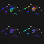 HighPeak Infinity LED Face Mask shown in dark setting displaying colorful animated patterns through LED display grid