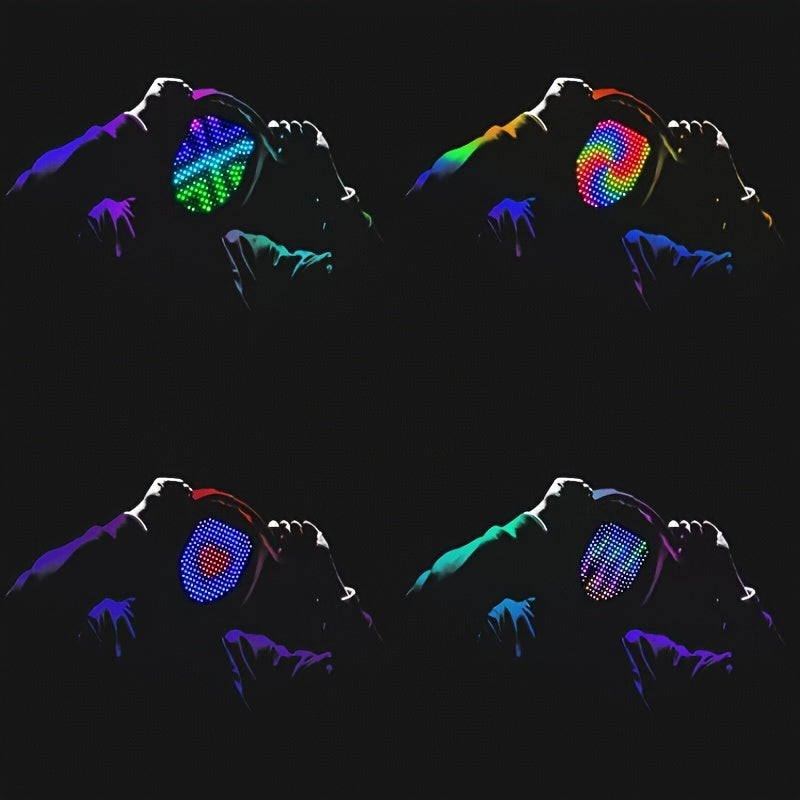 HighPeak Infinity LED Face Mask shown in dark setting displaying colorful animated patterns through LED display grid