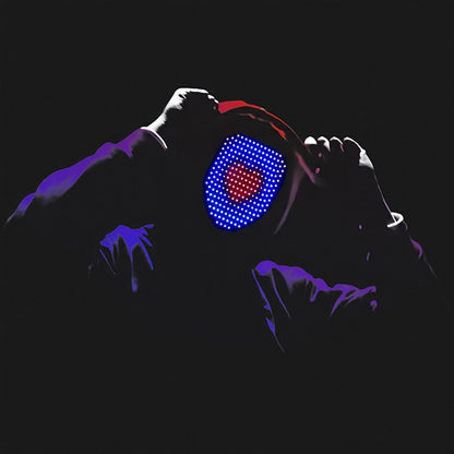 HighPeak Infinity LED Face Mask with blue and red illuminated display pattern on dark background showcasing dynamic lighting effects