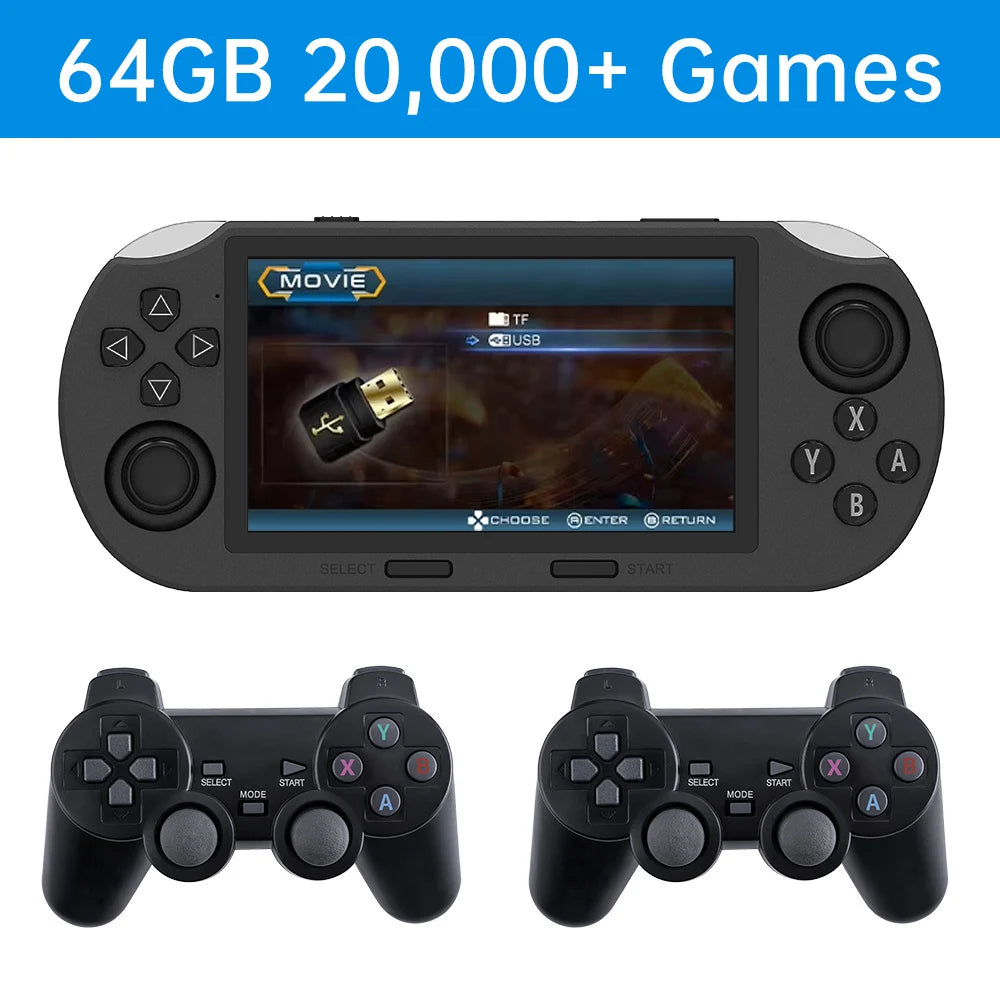 HighPeak Infinity Play handheld console with built-in screen and two wireless black controllers for retro gaming experience