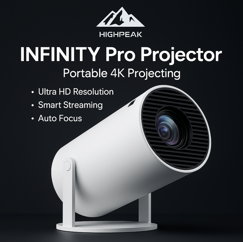 HighPeak Infinity Pro portable projector in white with 4K lens, mounted on adjustable stand against dark background