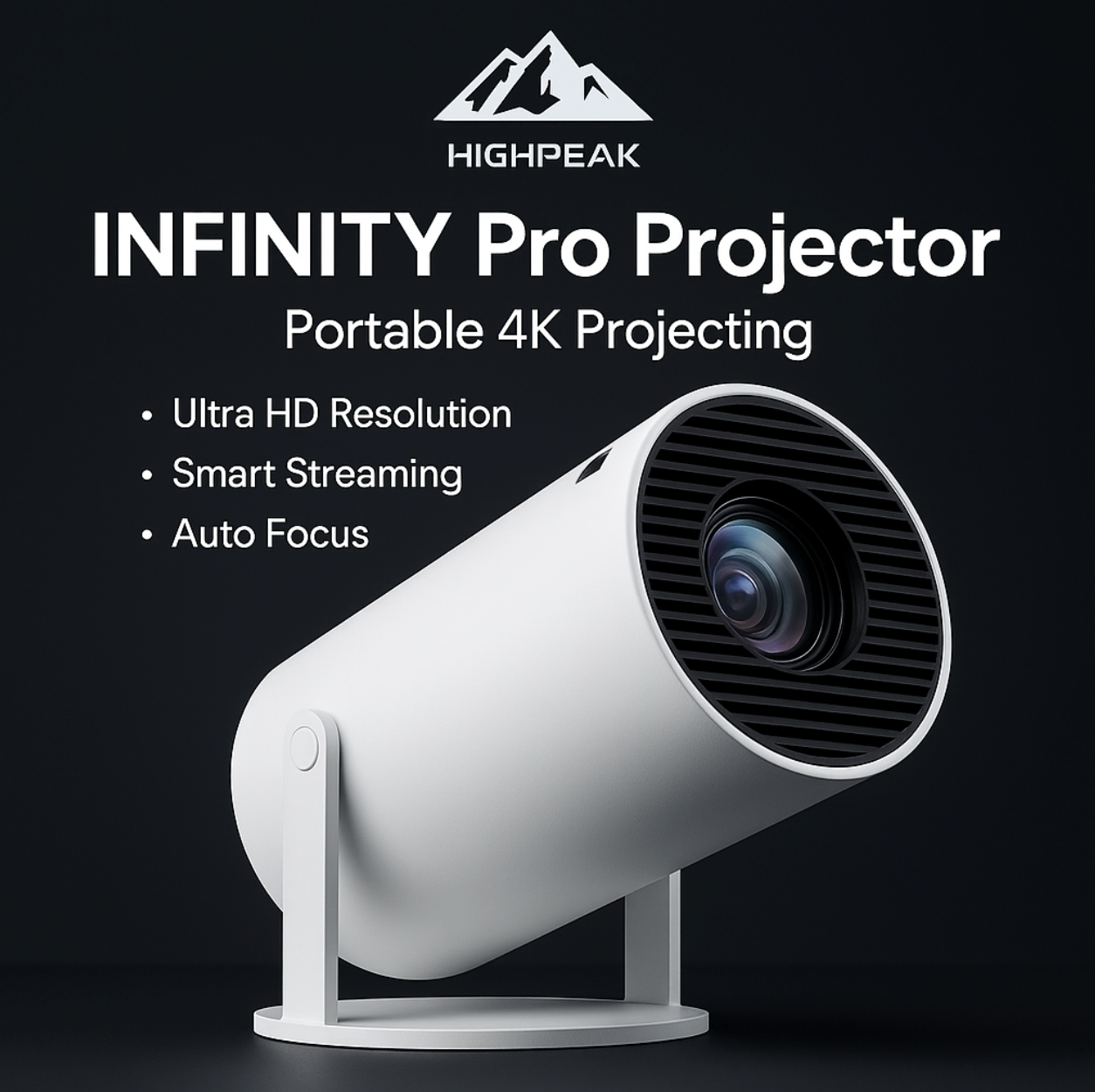HighPeak Infinity Pro portable projector in white with 4K lens, mounted on adjustable stand against dark background