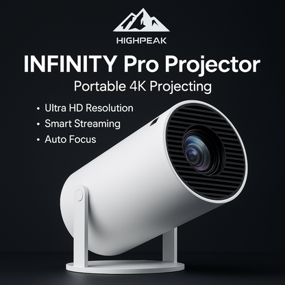 HighPeak Infinity Pro portable projector in white with 4K lens, mounted on adjustable stand against dark background