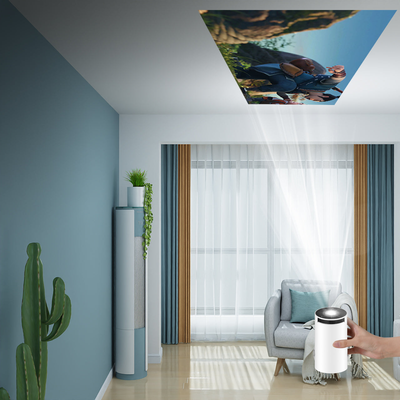 HighPeak INFINITY Projector Plus in white projecting a movie onto the ceiling in a modern living room setting