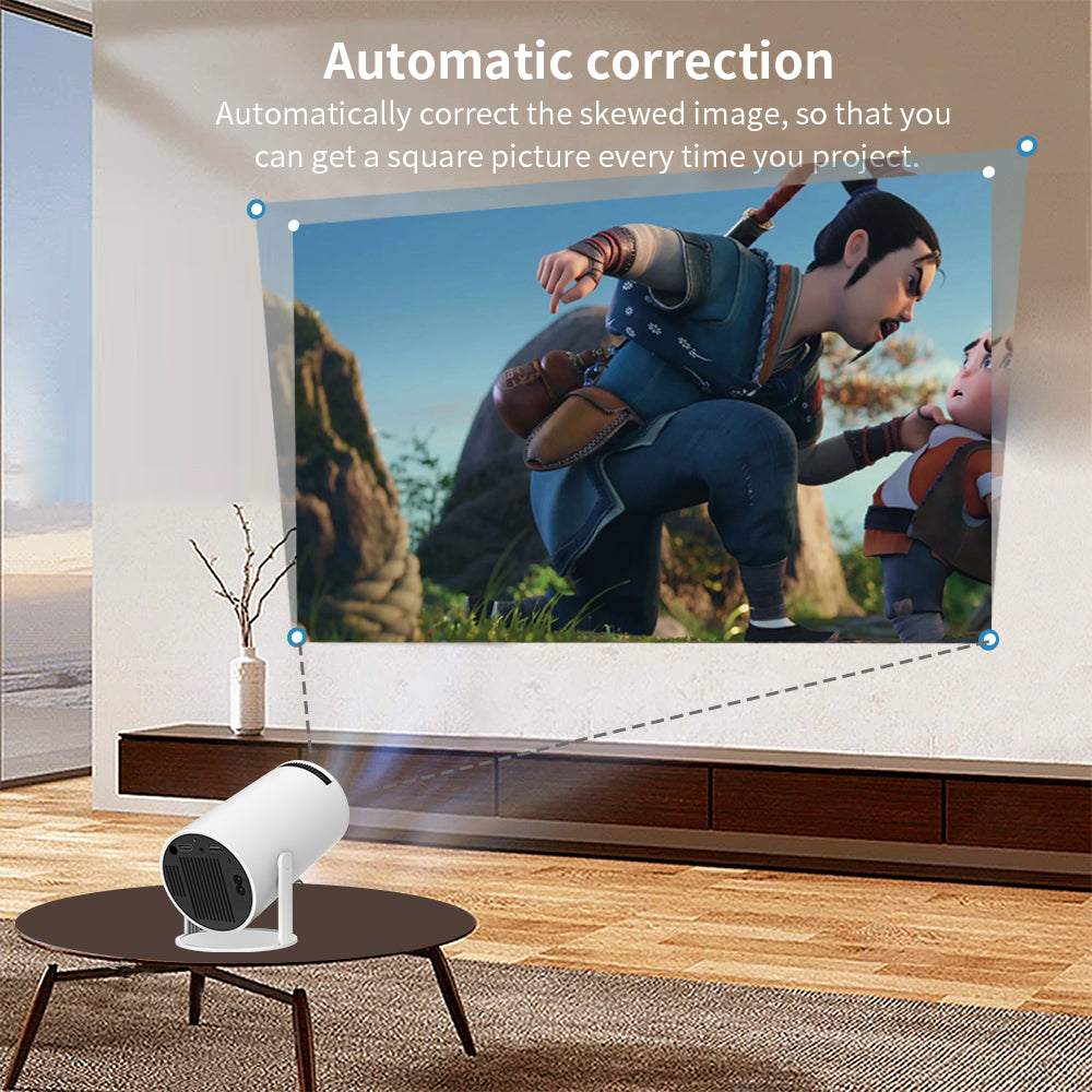 HighPeak INFINITY Projector Plus in white on table, showcasing auto-angle correction projecting animated movie on wall