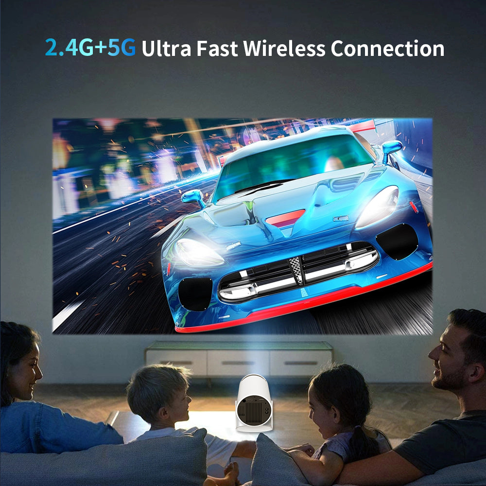 HighPeak Infinity Projector Pro displaying vibrant racing game on large screen in modern living room home theater setup