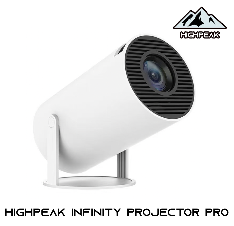 HighPeak Infinity Projector Pro in sleek white design with black lens ring and modern cylindrical form on display stand