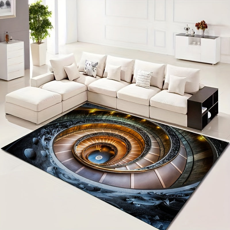 HighPeak Infinity Spiral 3D optical illusion rug displaying mesmerizing spiral staircase design in brown and blue tones on living room floor