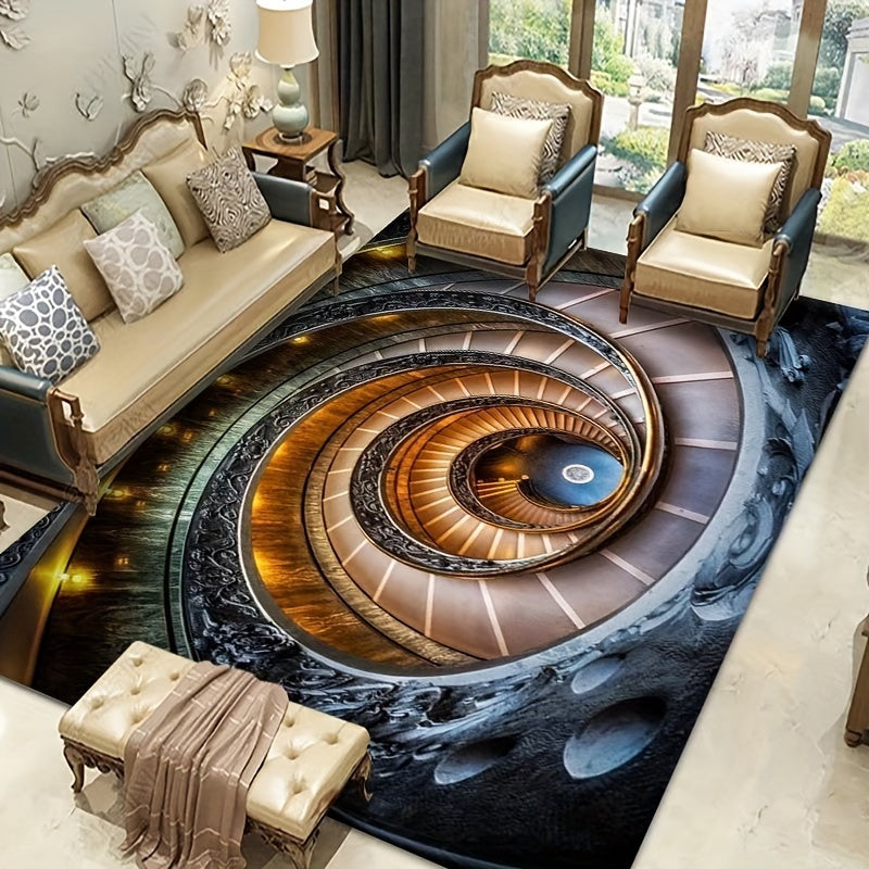 HighPeak Infinity Spiral™ 3D optical illusion rug featuring spiral staircase design in brown and gold tones in elegant living room setting