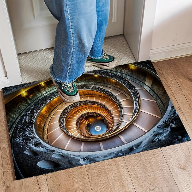 HighPeak Infinity Spiral optical illusion rug featuring a mesmerizing spiral staircase design in warm golden tones on hardwood floor