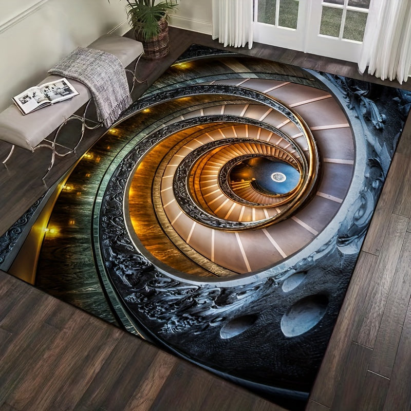 HighPeak Infinity Spiral optical illusion rug featuring spiral staircase design in warm amber and teal tones on dark floor