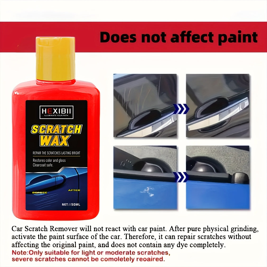 HighPeak Instant Scratch Eraser in red bottle with before-after photos showing car scratch removal on door handles and surfaces