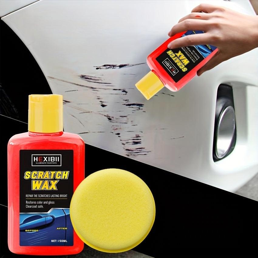 HighPeak Instant Scratch Eraser with red bottle and yellow applicator sponge shown removing car paint scratches on white vehicle