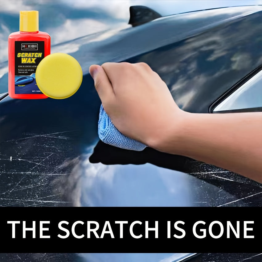 HighPeak Instant Scratch Eraser with red solution bottle and yellow applicator pad shown removing car paint scratches