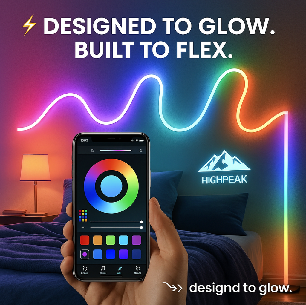 HighPeak LED Lights Flex Edition shown with color-changing app control and wavy rainbow neon display in bedroom setting