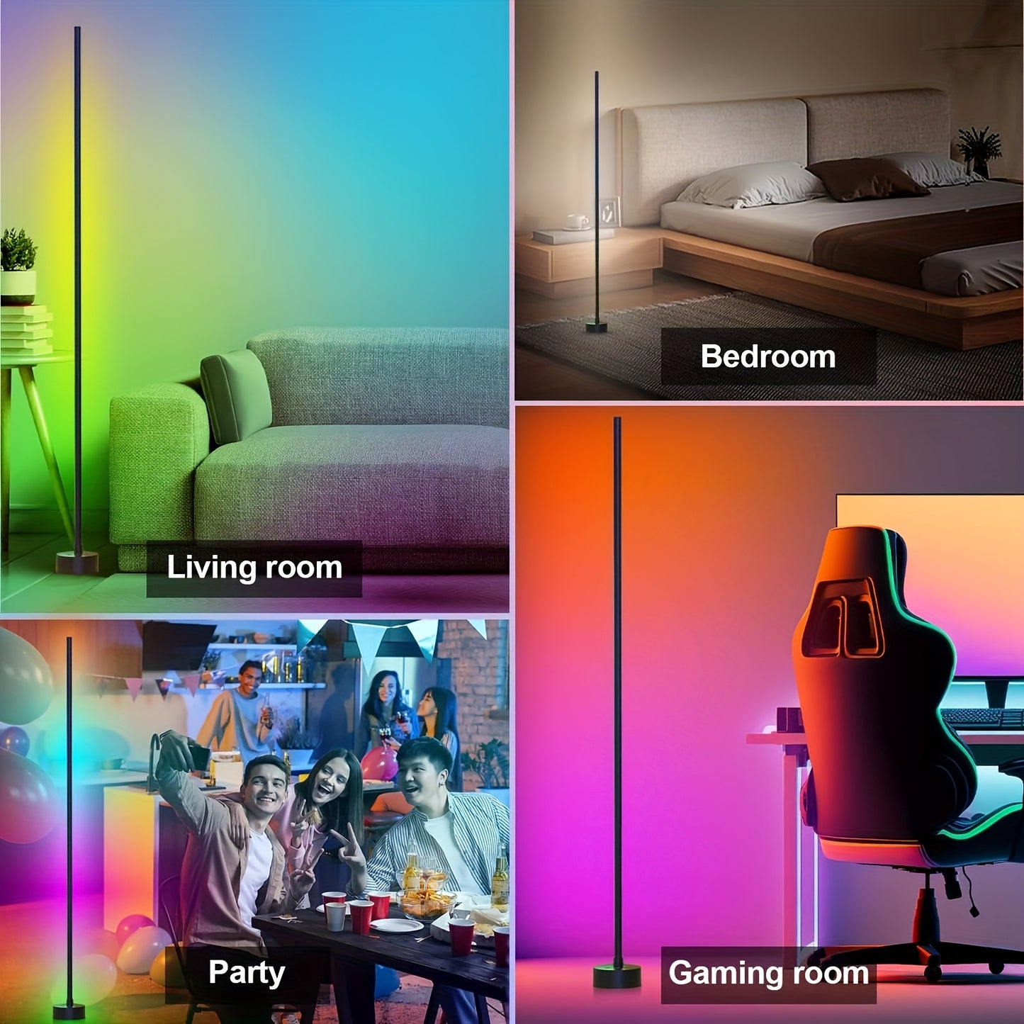HighPeak LumePillar RGB Sync Floor Lamp in living room, bedroom, party space and gaming setup showcasing multicolor ambient lighting