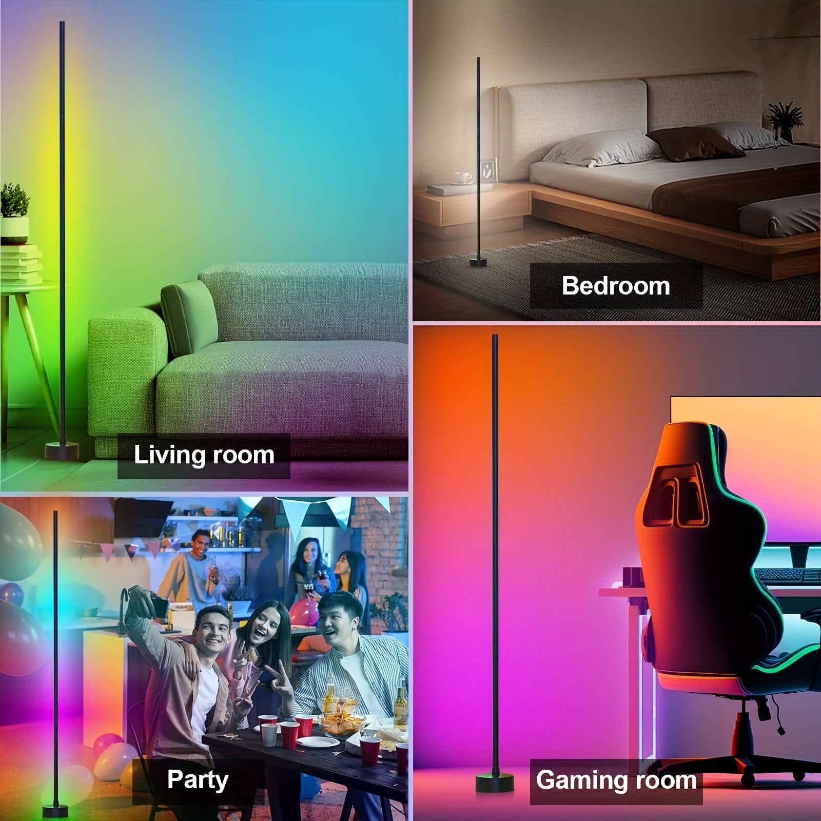 HighPeak LumePillar RGB Sync Floor Lamp in living room, bedroom, party space and gaming setup showcasing multicolor ambient lighting