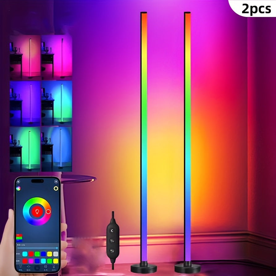 HighPeak LumePillar RGB Sync Floor Lamps displaying vibrant rainbow colors with smartphone app control in modern room setting