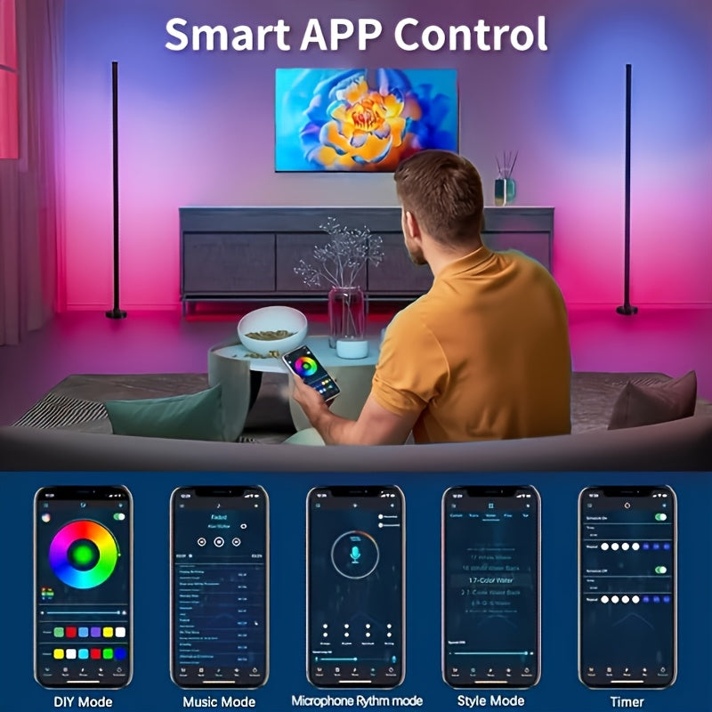 HighPeak LumePillar RGB Sync Floor Lamps illuminating modern living room with app control display and vibrant pink-purple ambient lighting