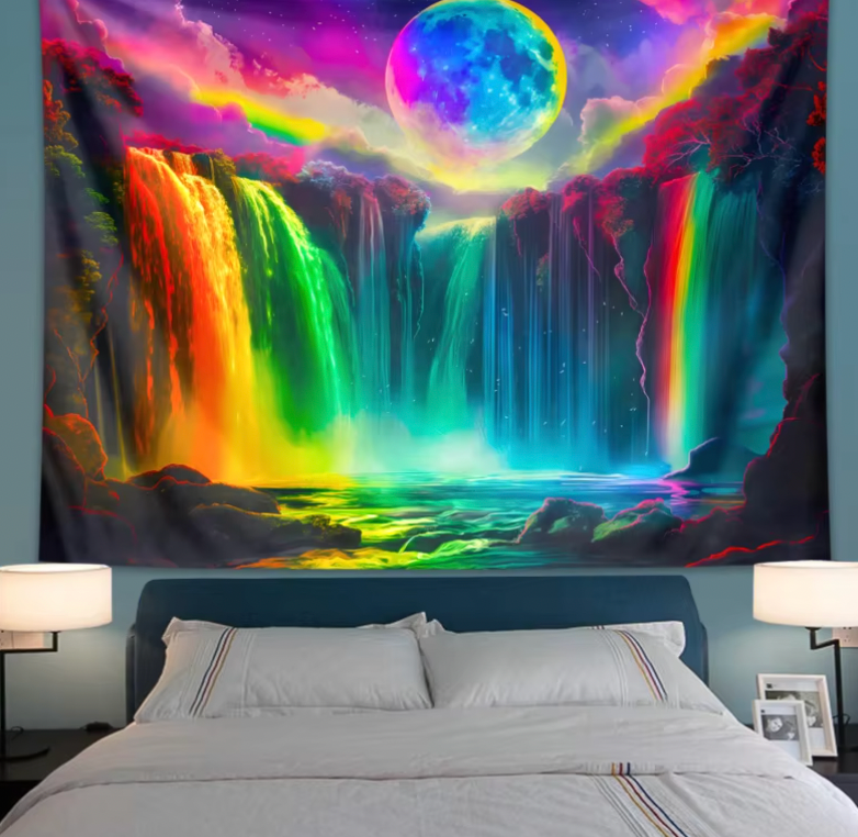 HighPeak LuminFalls tapestry displaying rainbow waterfall under moonlit sky with vibrant multicolor cascades - bedroom wall decor